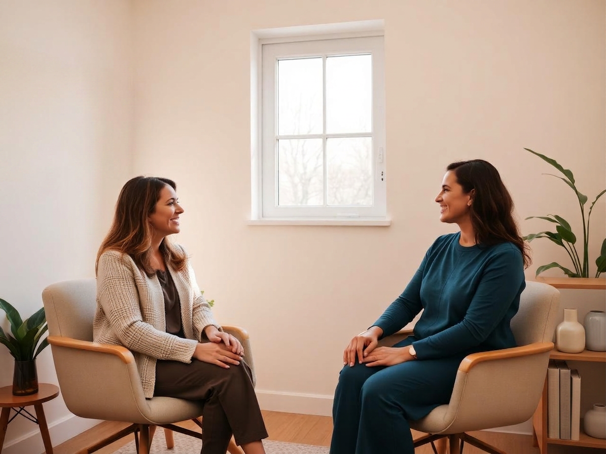 Chiropractor having a calm, attentive consultation with a patient in a warm, sunlit office