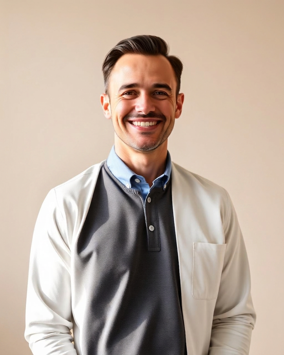 Friendly family chiropractor portrait in a softly lit office